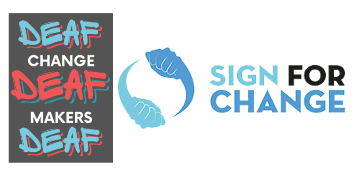 Deaf Change Makers e-book cover and Sign for Change logo. The cover has the words DEAF, CHANGE, DEAF, MAKERS, DEAF. The