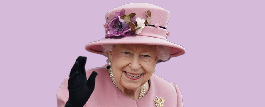 The Queen, in a pink hat and coat, smiling and waving, against a light purple background.