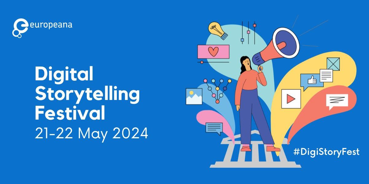 Europeana Digital Storytelling Festival banner with a person speaking into a megaphone and social media icons