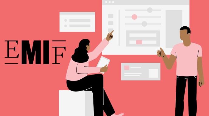 Illustration of two people interacting with a large screen displaying user interface elements, with the text EMIF