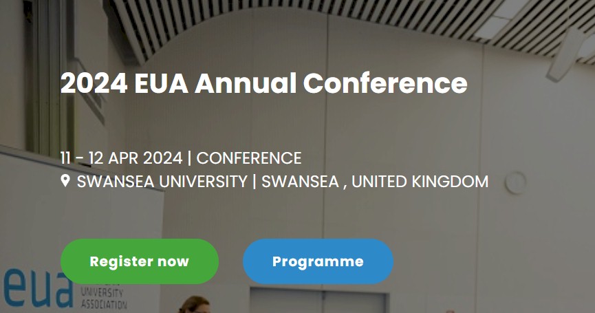 2024 EUA Annual Conference banner with date 11-12 April 2024, location Swansea University, UK, and buttons to register and