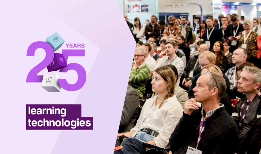 Learning Technologies 25 Years logo next to an audience at a conference
