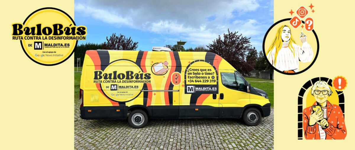 A yellow van with black and orange patterns, branded "BuloBús: Ruta contra la desinformación de Maldita.es