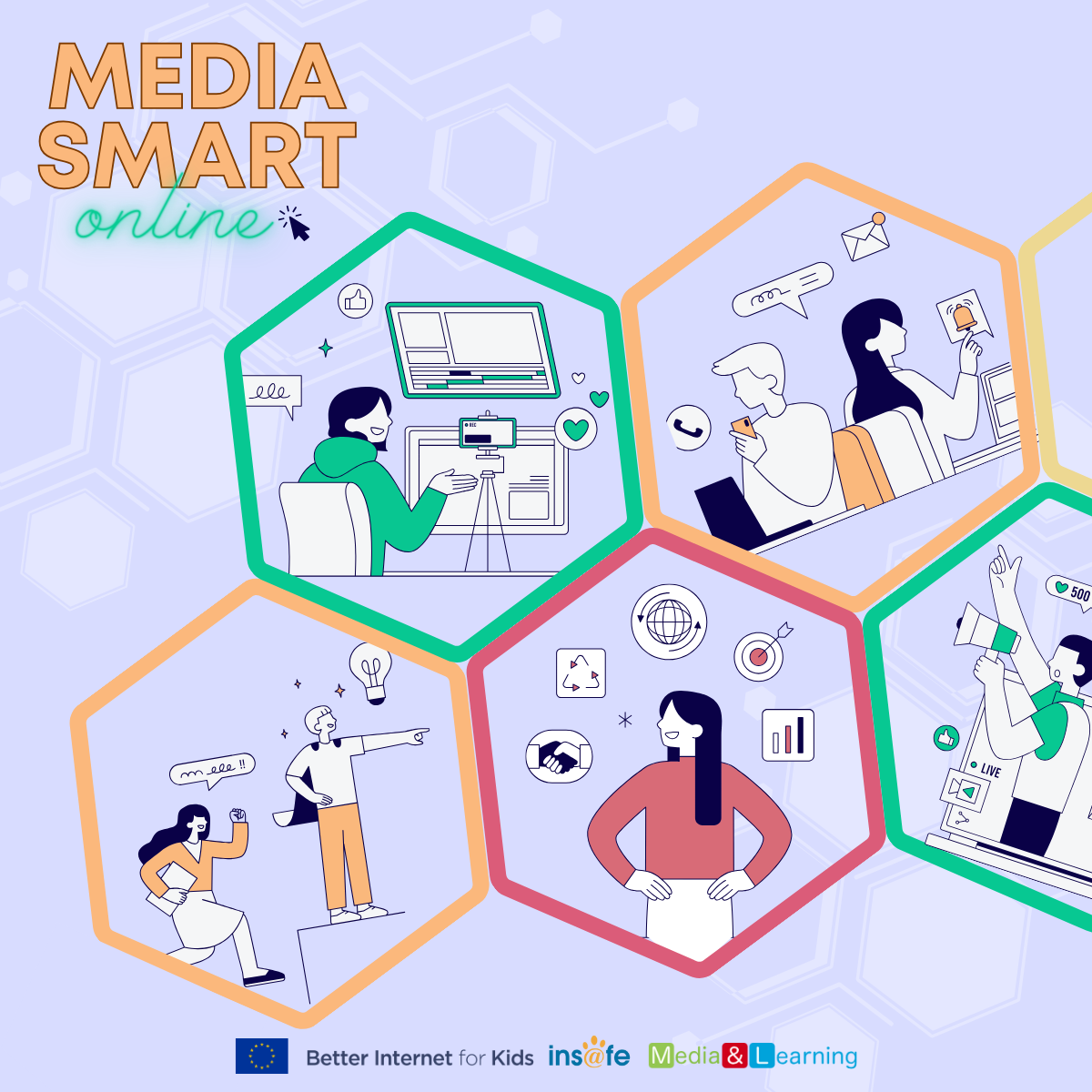 Media Smart Online graphic with six hexagons showing people interacting with digital media and technology.