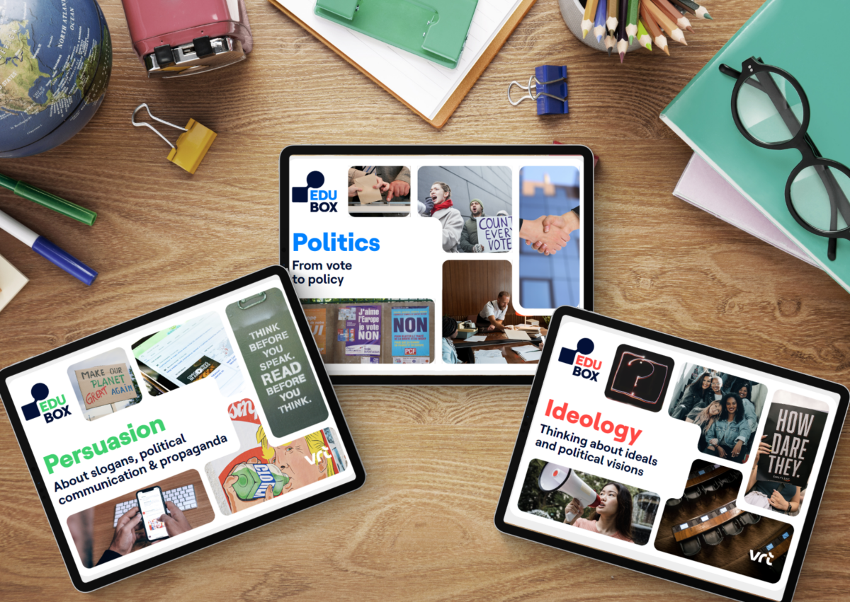 Three tablets on a wooden desk, displaying EDUbox content on Politics, Persuasion, and Ideology.