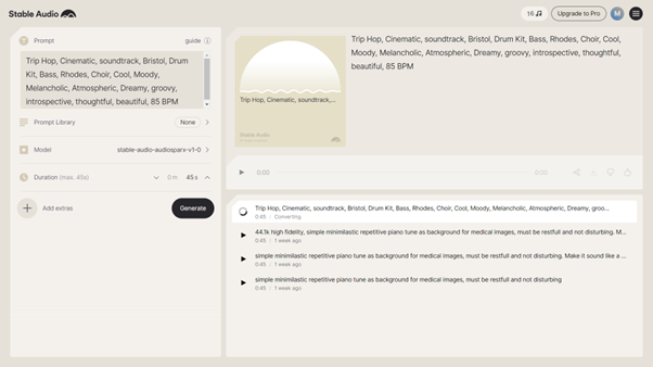 Screenshot of the Stable Audio AI music generation interface with a prompt for 'Trip Hop, Cinematic, soundtrack'