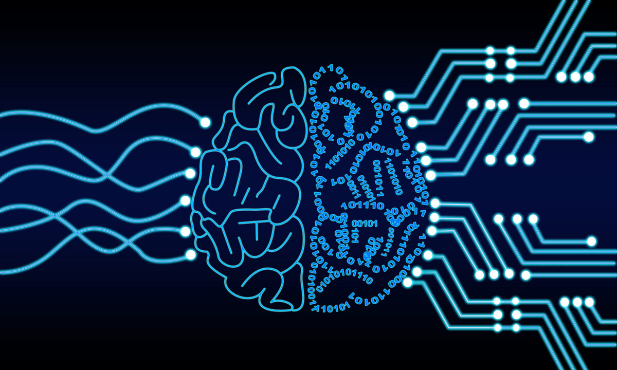 Stylised brain outline with binary code on the right and circuit board lines on the left, glowing blue.