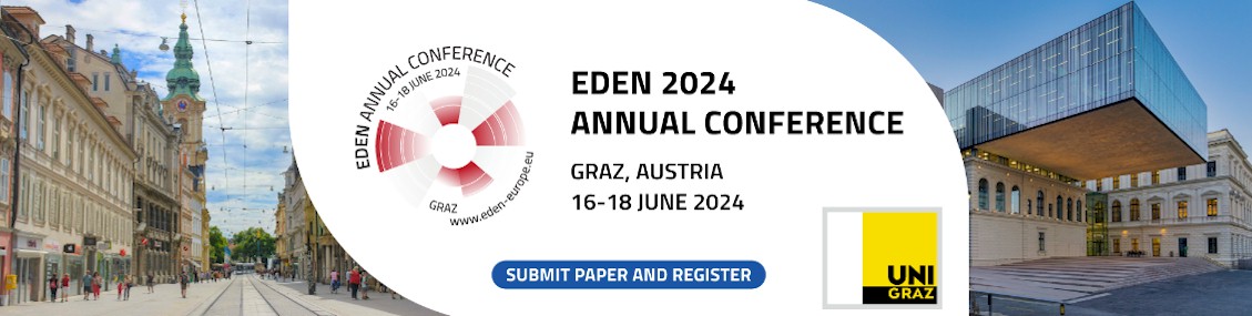 EDEN 2024 Annual Conference banner with Graz street scene, modern building, and conference details
