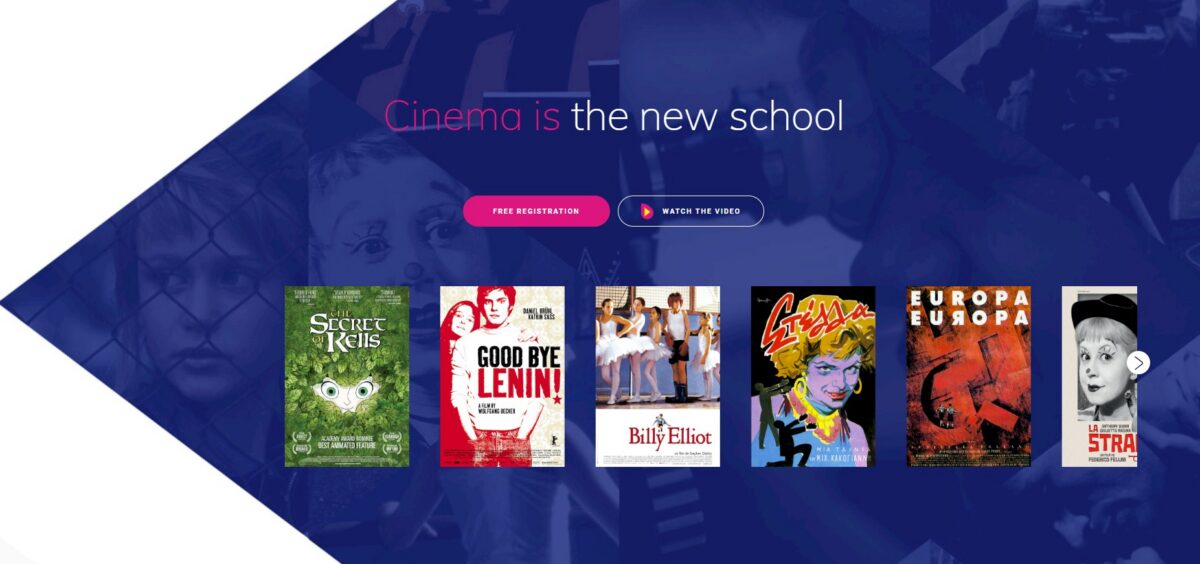 Website screenshot with text 'Cinema is the new school', buttons, and film posters including The Secret of Kells