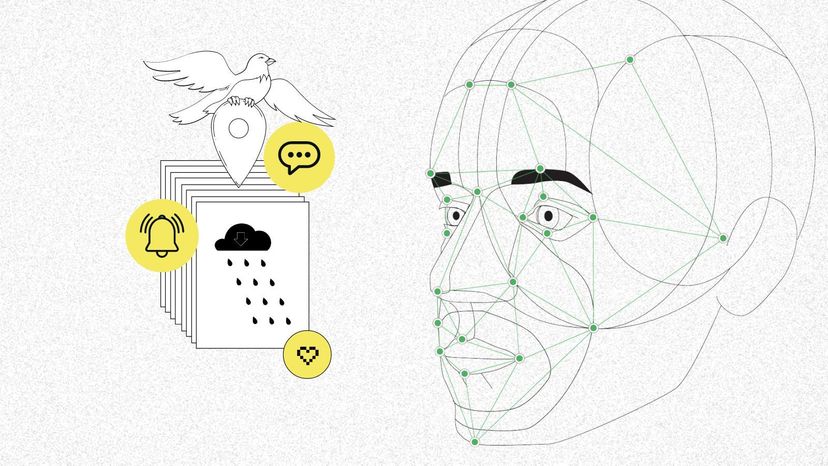 Illustration of a human head with a green wireframe overlay and a stack of cards with digital icons.