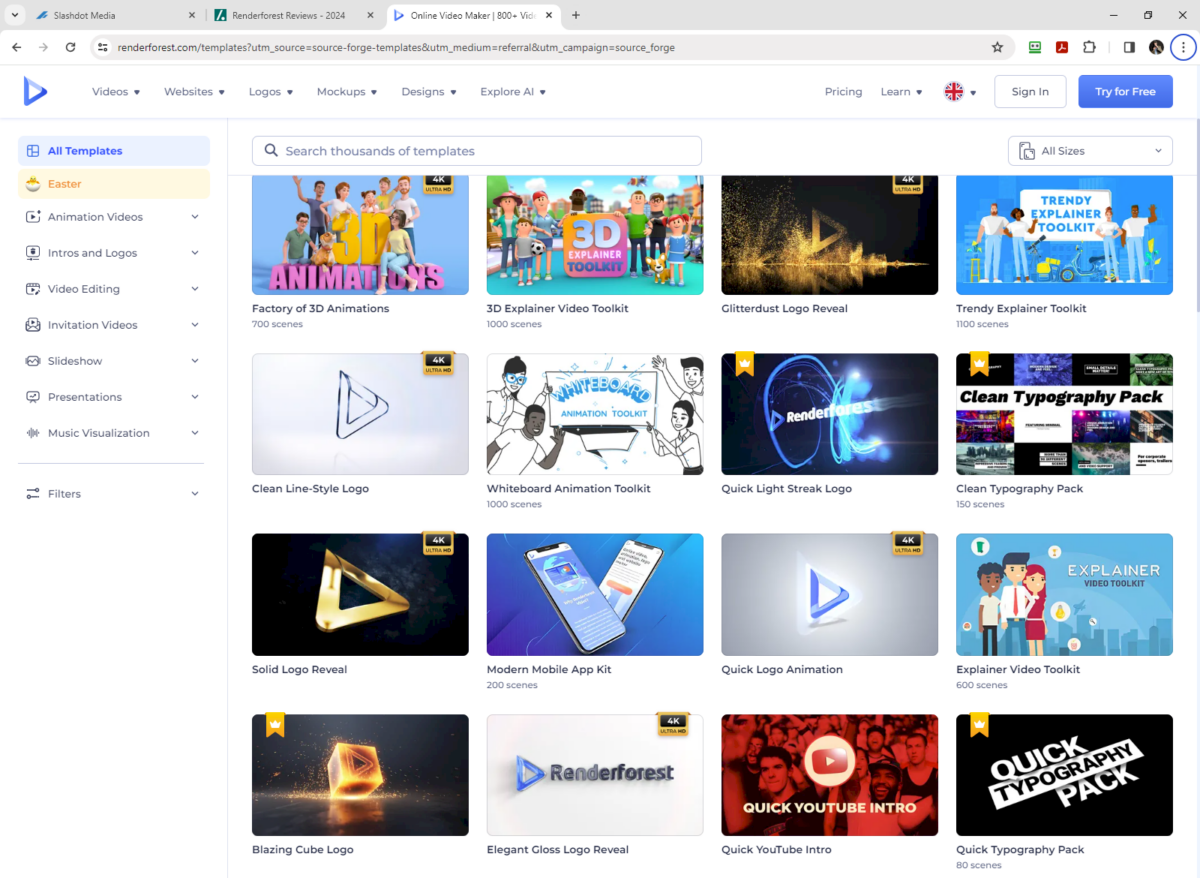 Screenshot of the Renderforest website showing various animation templates like 3D animations and logo reveals.