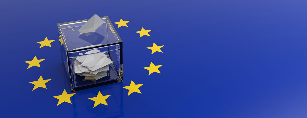 A transparent ballot box full of votes, surrounded by yellow stars on a blue background, representing the EU flag.