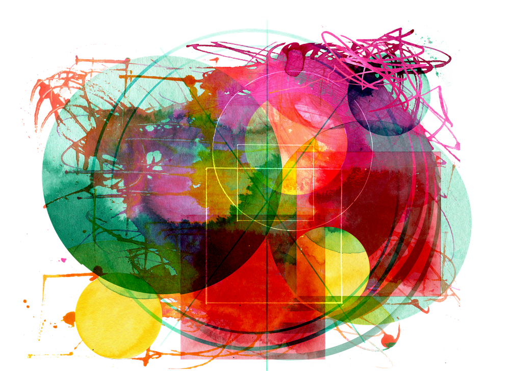 Abstract illustration with overlapping circles, squares, and splatters in vibrant colours like green, pink, red, and yellow.