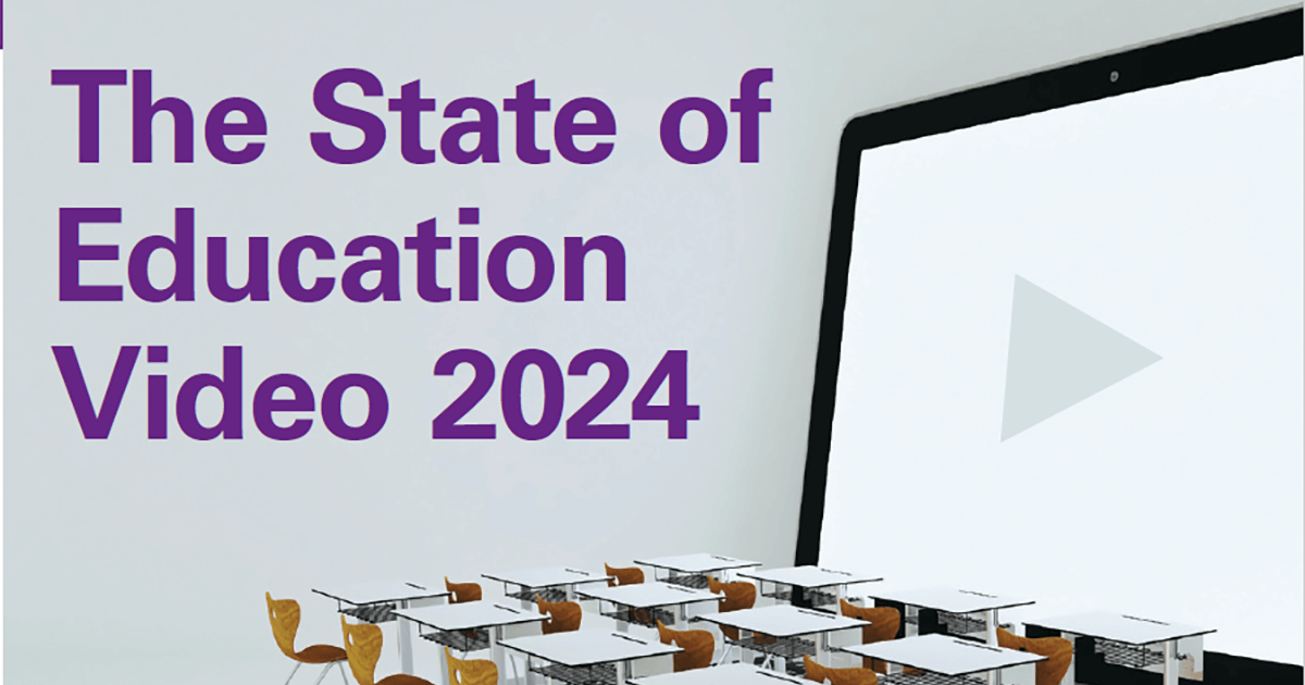 The State of Education Video 2024 text in purple, next to a laptop screen with a play button.