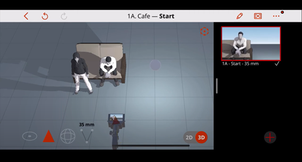 Screenshot of a 3D storyboarding app showing two figures, a sofa, and camera controls.