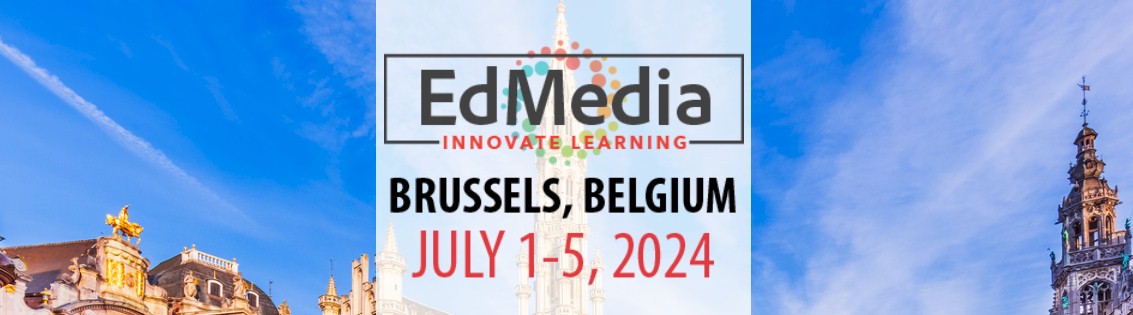 EdMedia+Innovate Learning conference banner with Brussels cityscape and event details: July 1-5, 2024