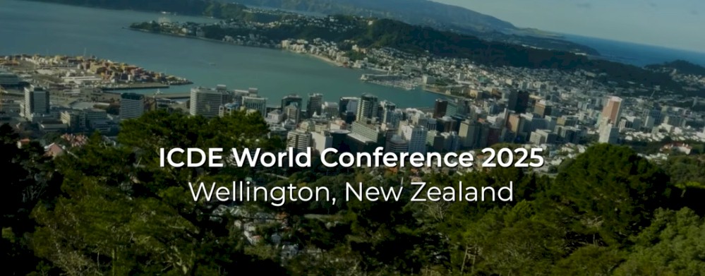 Aerial view of Wellington, New Zealand, with text: ICDE World Conference 2025, Wellington, New Zealand