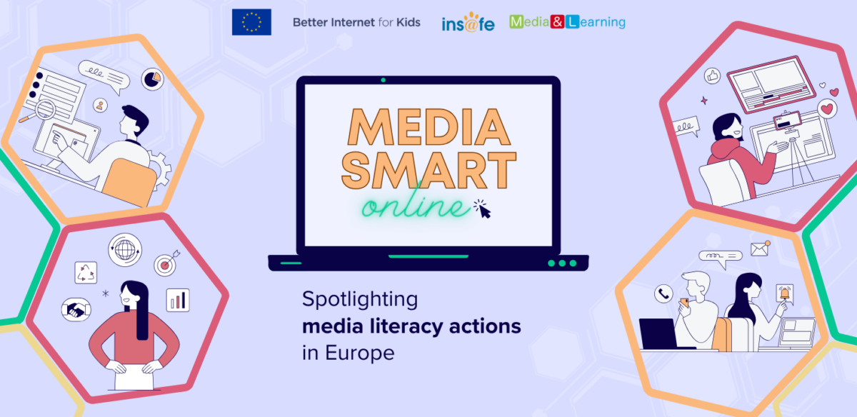MediaSmartOnline campaign banner with laptop and four hexagonal illustrations of people using media.