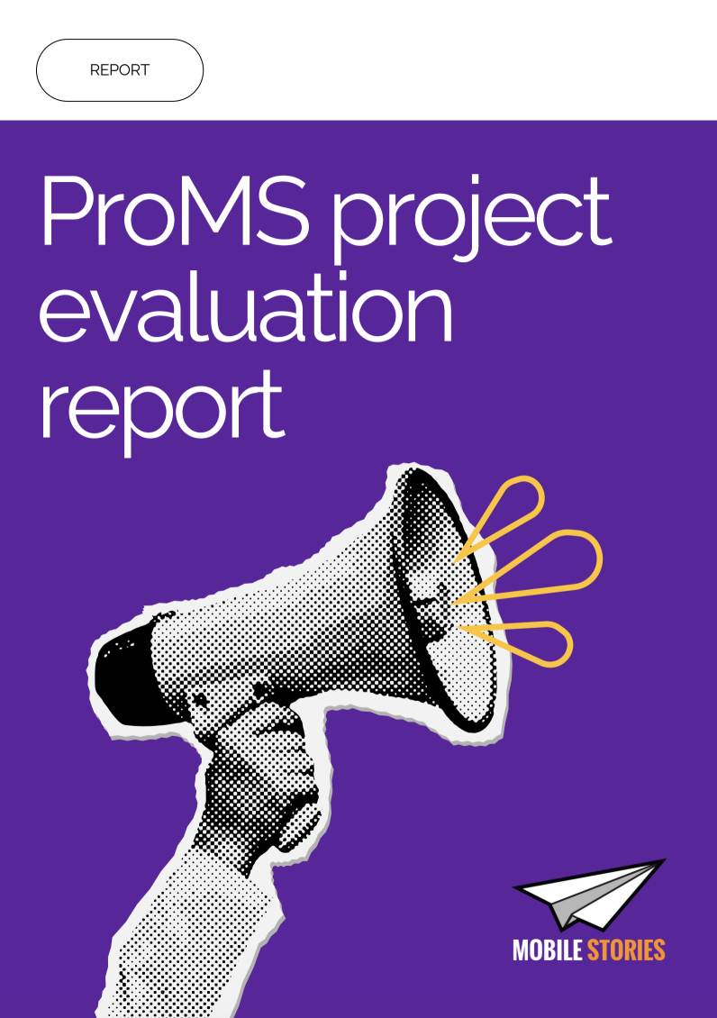 ProMS project evaluation report title card with a hand holding a megaphone and a paper plane logo