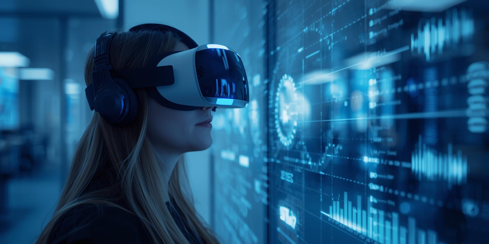A woman wearing a virtual reality headset and headphones looks at a blue digital interface with graphs and data.