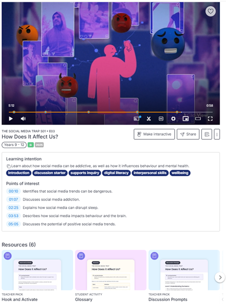 Screenshot of a video player showing an animated figure holding a phone, surrounded by social media cards.