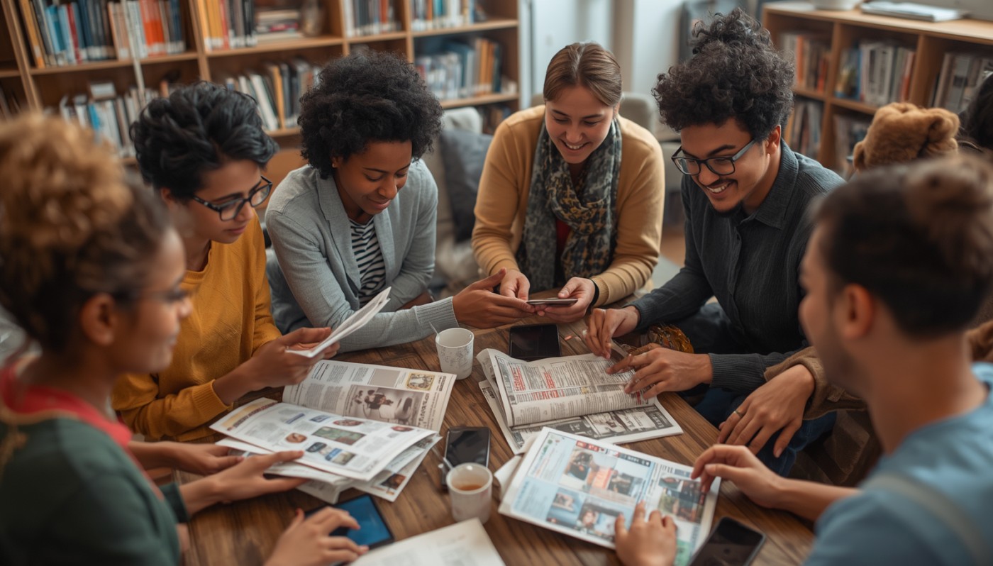 Diverse group of students reading newspapers and using smartphones around a table in a library.