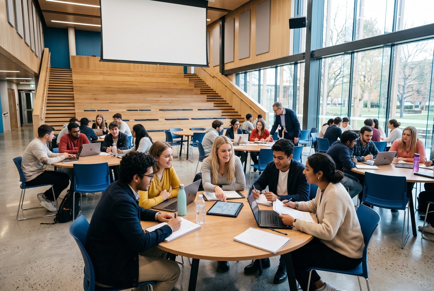 Students collaborating in a modern university learning space