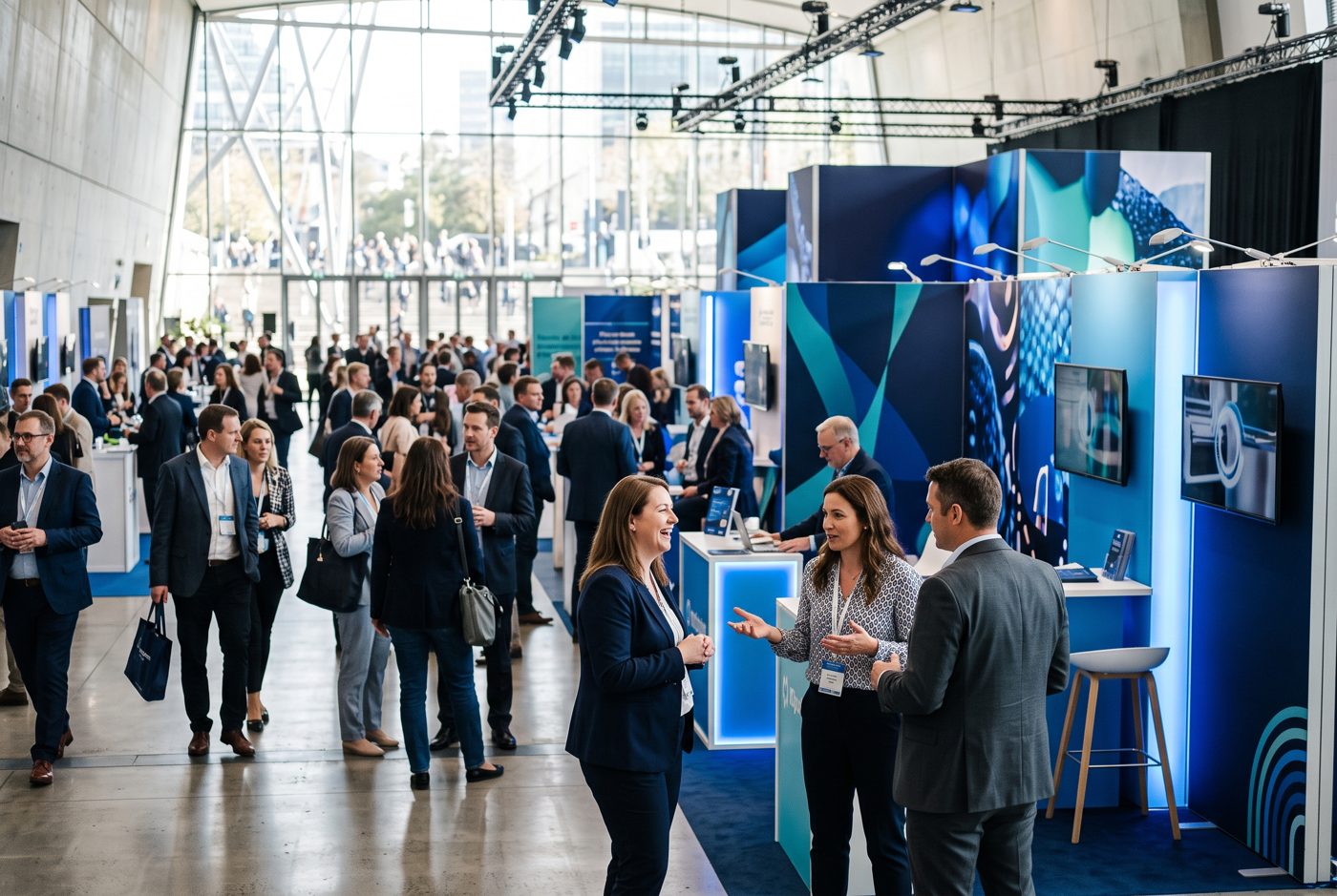 Delegates networking in a conference exhibition area