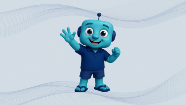 A blue cartoon robot mascot with a square head, antenna, and headphones, wearing a polo shirt and shorts, waving.