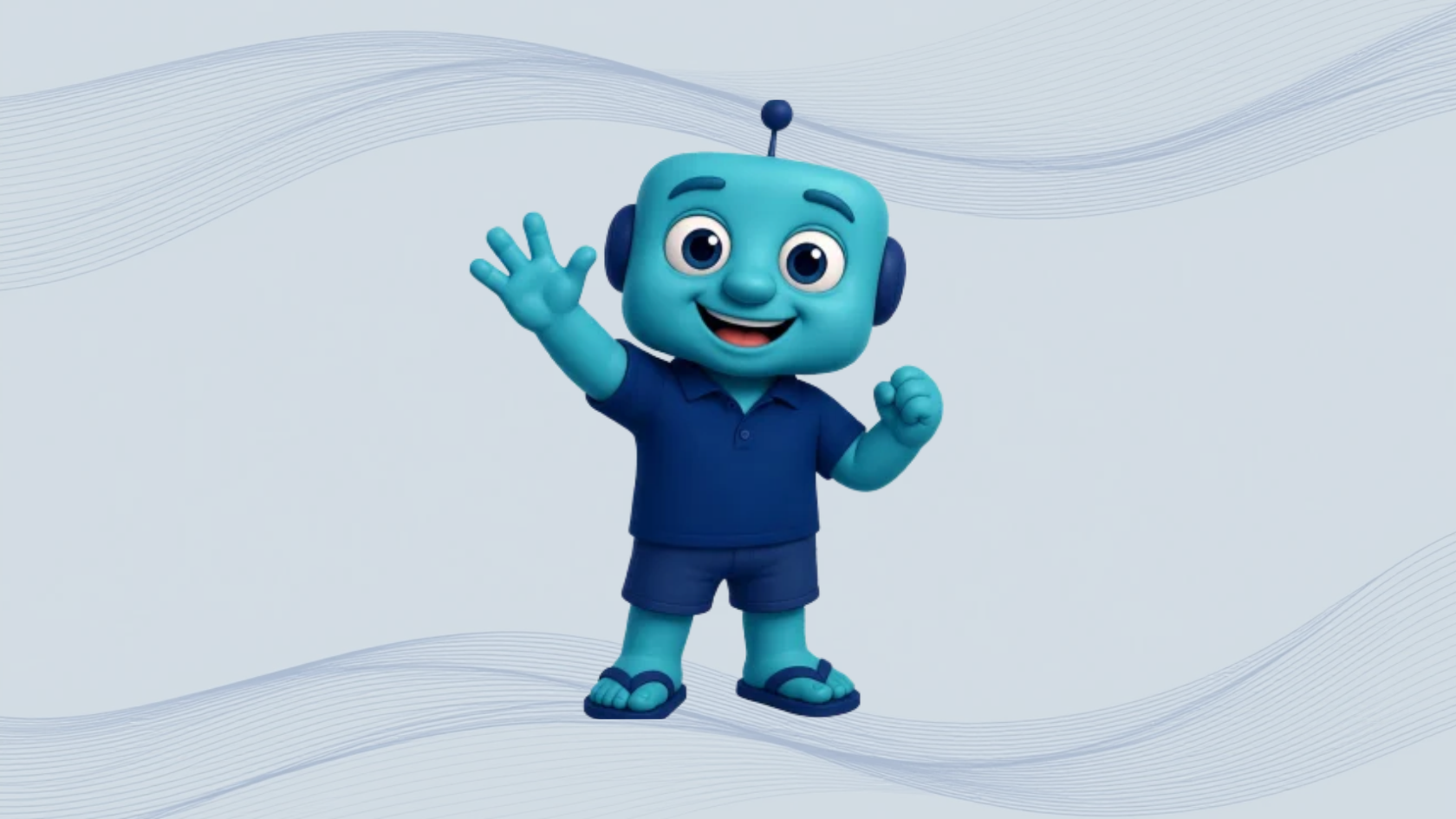 A blue cartoon robot mascot with a square head, antenna, and headphones, wearing a polo shirt and shorts, waving.