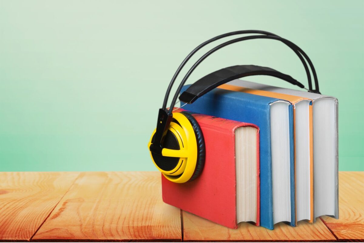 Podcast, books with headphones